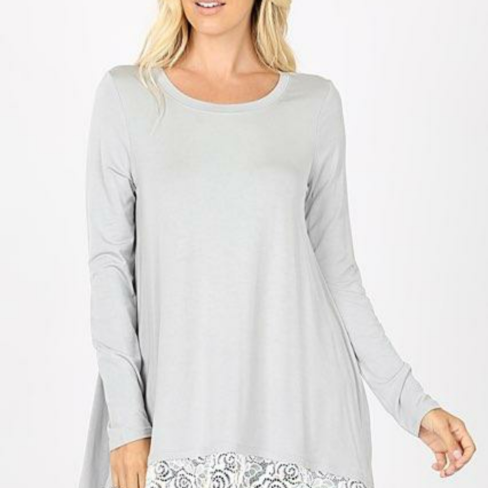 Gray 3/4 Sleeve Lace Trim Shirt